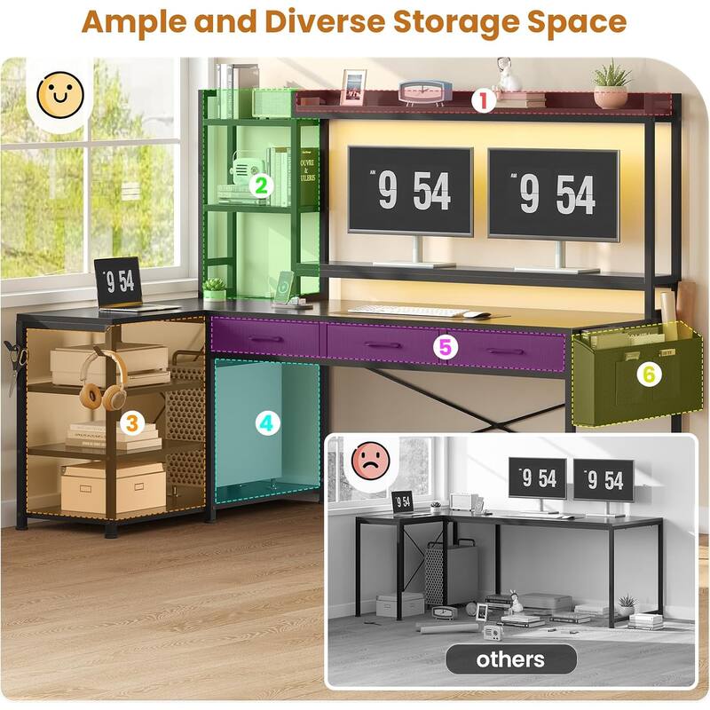 55" L Shaped Gaming Desk Corner Computer Desk Fabric Drawers