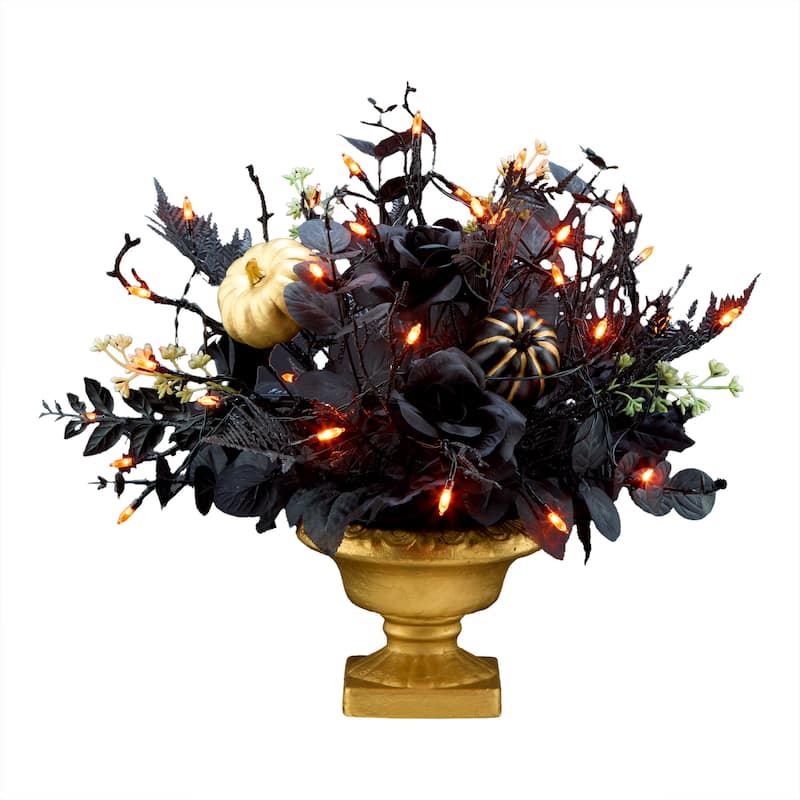 National Tree Company 16" Artificial Chic Eek Black and Gold Halloween Centerpiece, 35 Orange LED Lights - 16 in