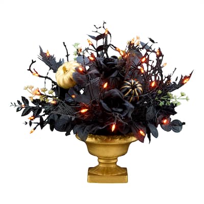 National Tree Company 16" Artificial Chic Eek Black and Gold Halloween Centerpiece, 35 Orange LED Lights - 16 in