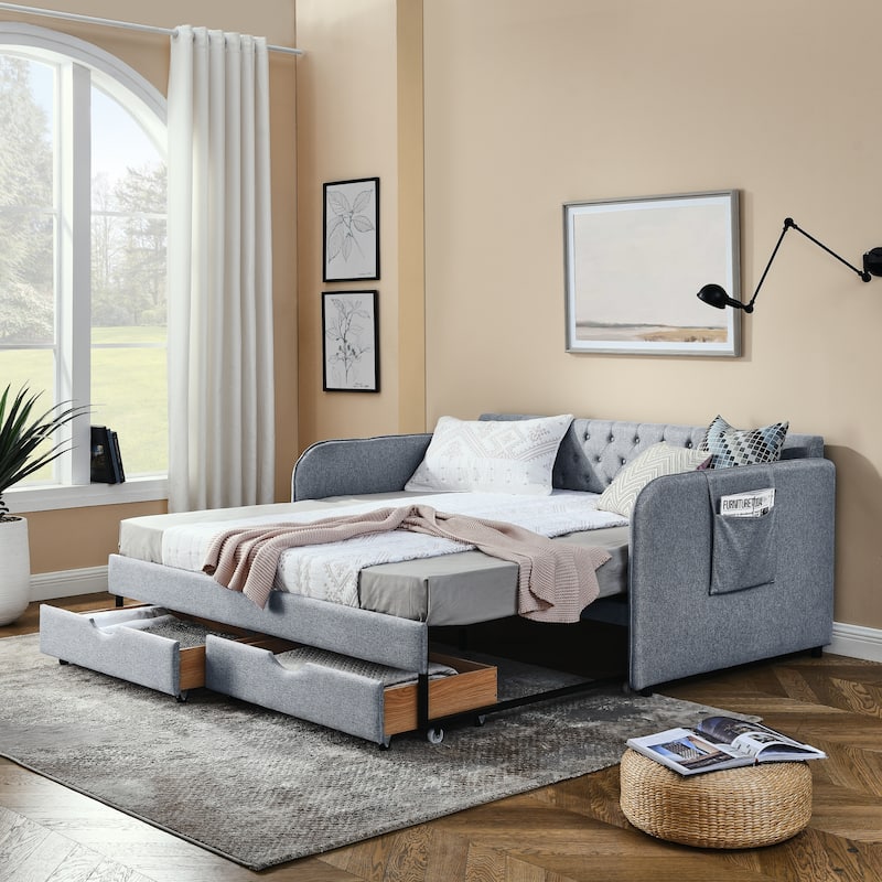 Roomfitters Twin Upholstered Daybed with Trundle, Underbed Storage and Flat Arms with Side Pocket, Extendable Design