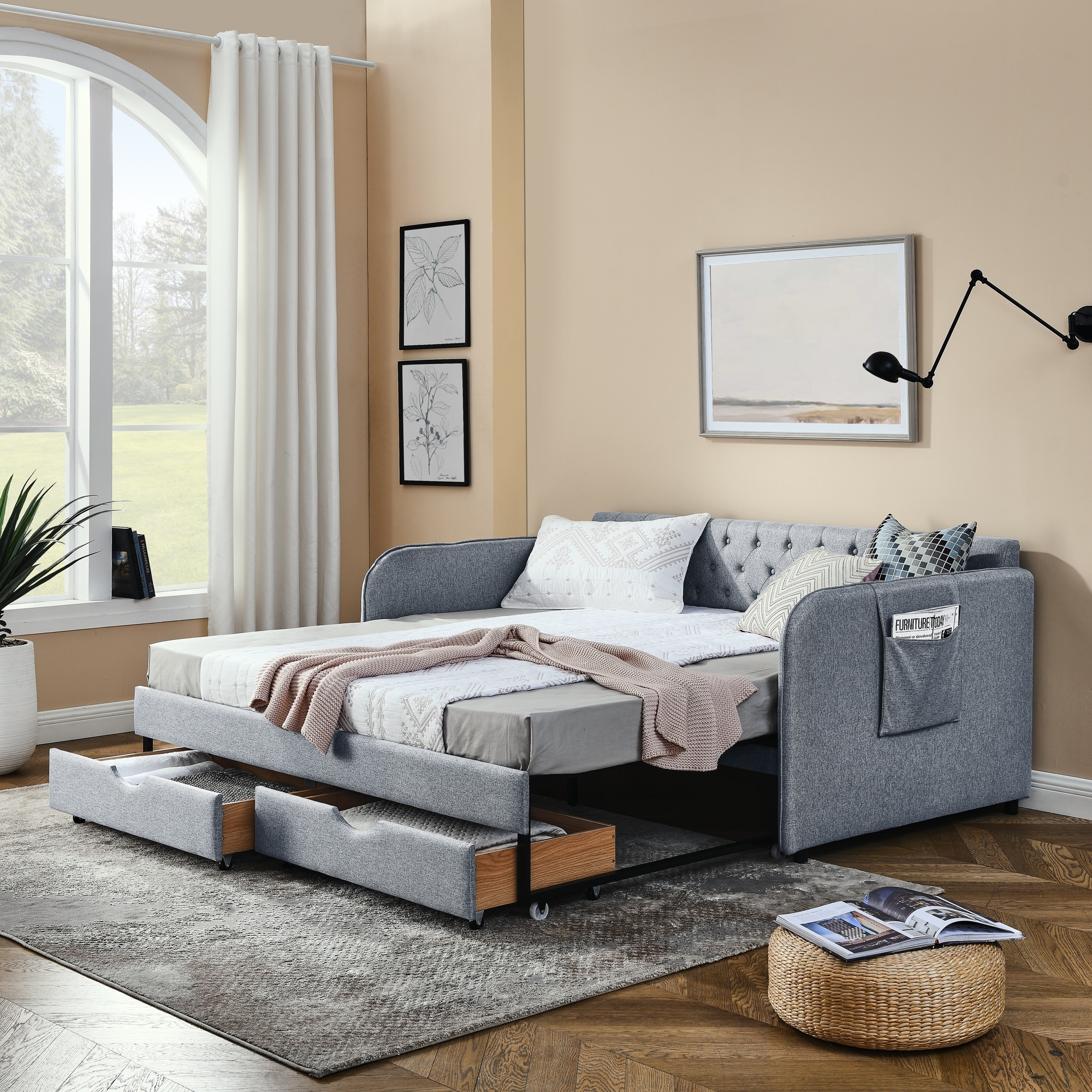 Twin Size Linen Extendable Upholstery Daybed w/ Trundle Bed Frame & 2 Storage Drawers for Bedroom Living Room