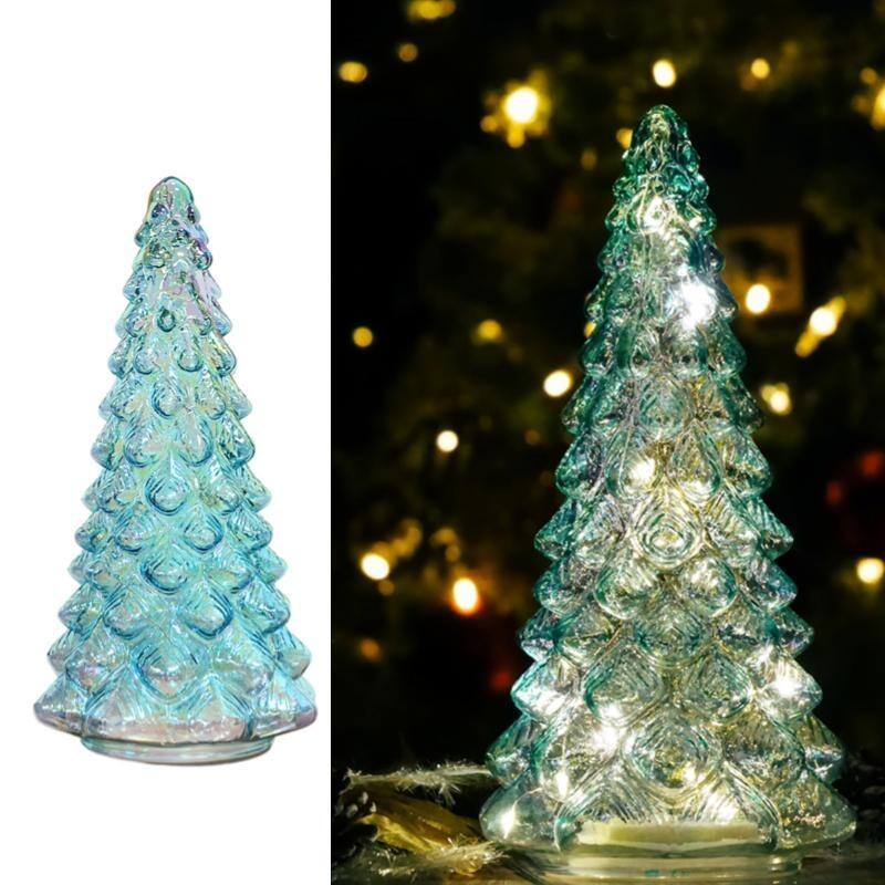 Blue Glass Xmas Tree Light 10" Holiday Table Decor for Mantel, Home, Office - N/A - Blue