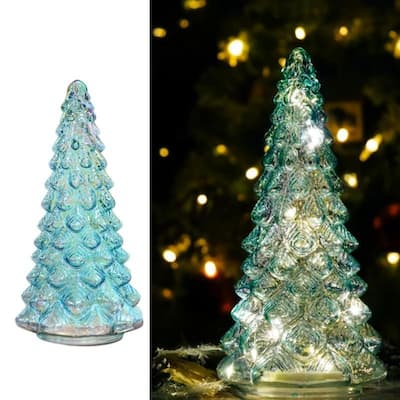 Blue Glass Xmas Tree Light 10" Holiday Table Decor for Mantel, Home, Office - N/A