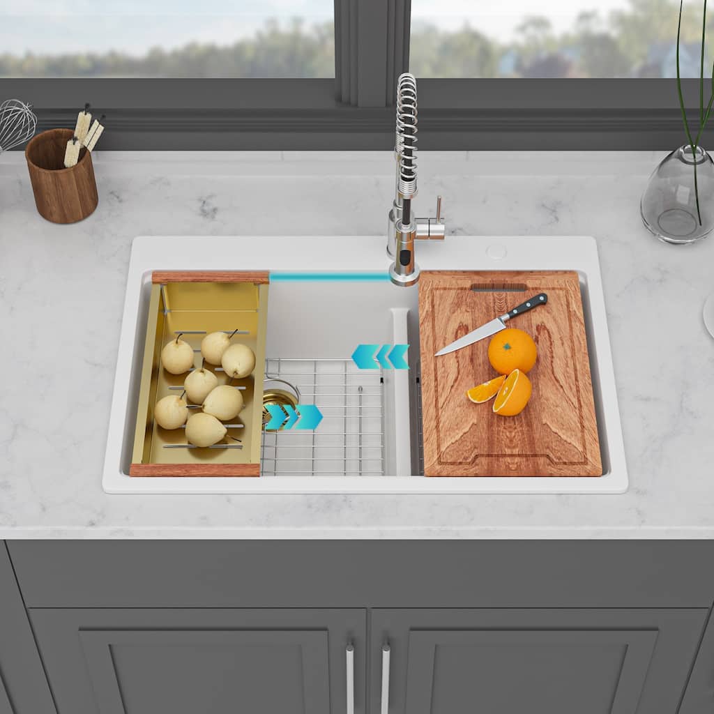 33 Inch Drop-in Double Bowl Quartz Kitchen Sink - 33'' x 22'' x 9.65''