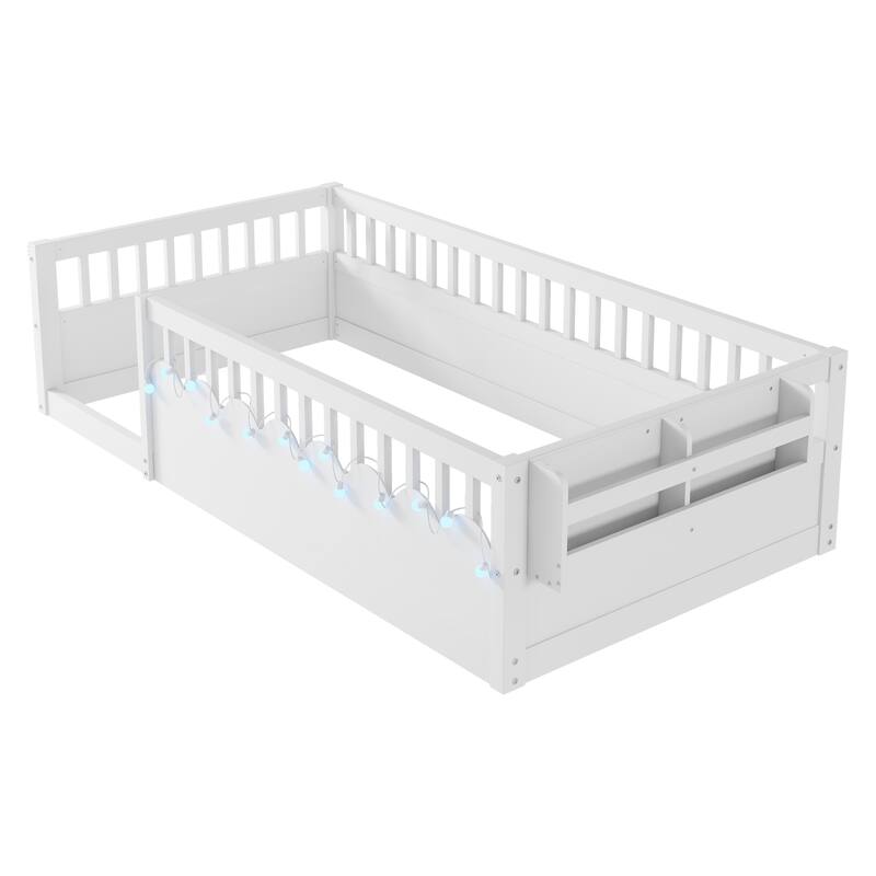 Twin Montessori Floor Bed Frame with High Rails, Wood Kids Floor Beds with Light and Storage Shelf, Natural