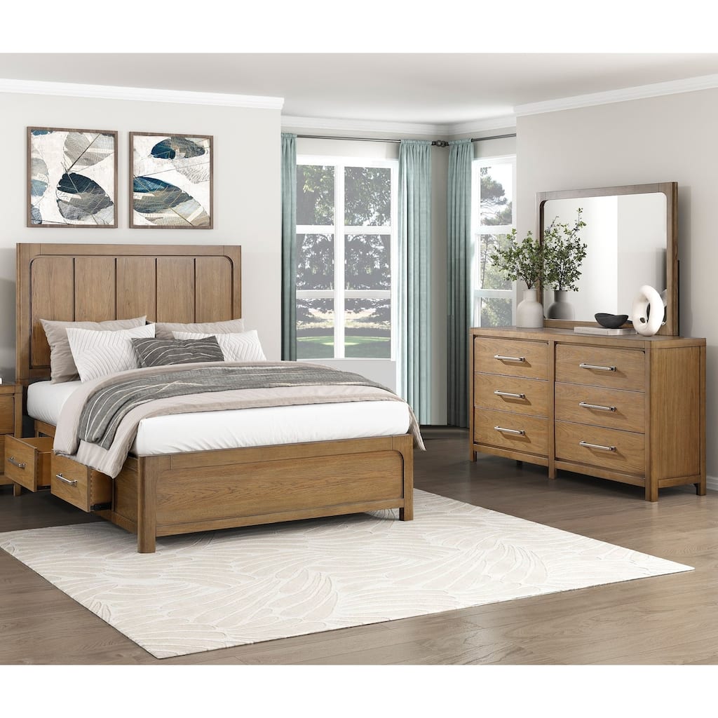 Storage Bed Dresser Mirror Set 3pc Bedroom Furniture Modern Light Brown Finish