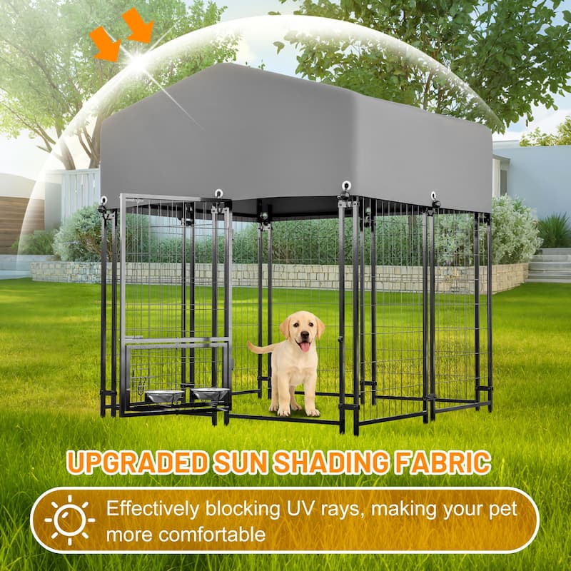 GDFStudio - Large Outdoor Heavy Duty Metal Dog Kennel with Roof, UV-Resistant Waterproof Cover, Double Lock & Rotating Feeder