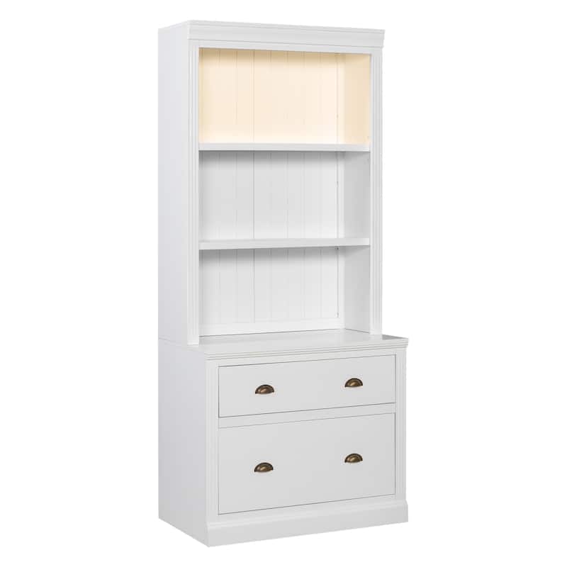83" Tall Solid Wood Bookcase with Drawers & LED Lights, Freestanding Storage Cabinet with Display Shelf