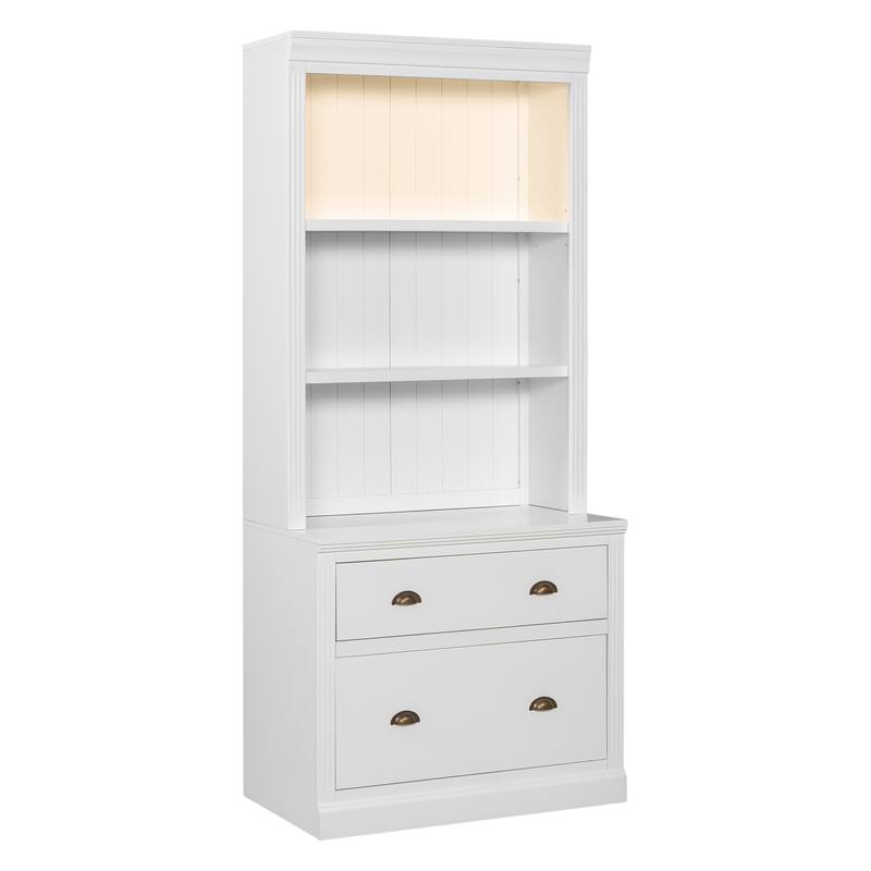 83.4" Tall LED Illuminated Bookcase with 2 Drawers + 3 Open Shelves - Multi-Functional Storage Cabinet for Home Office & Library