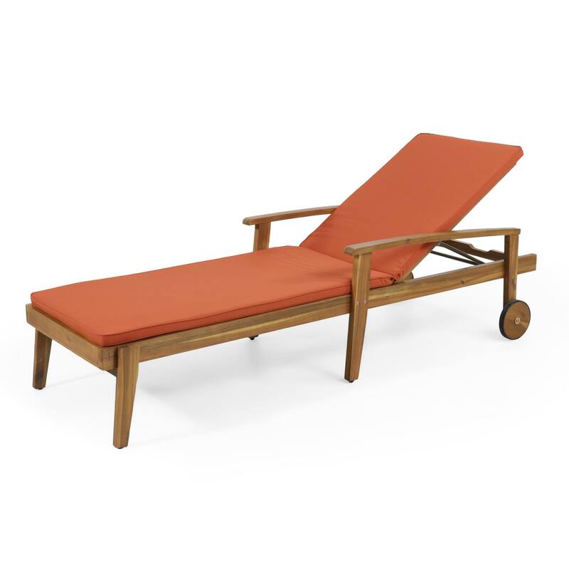 Outdoor solid wood frame chaise lounge with rollers and cushions - Orange
