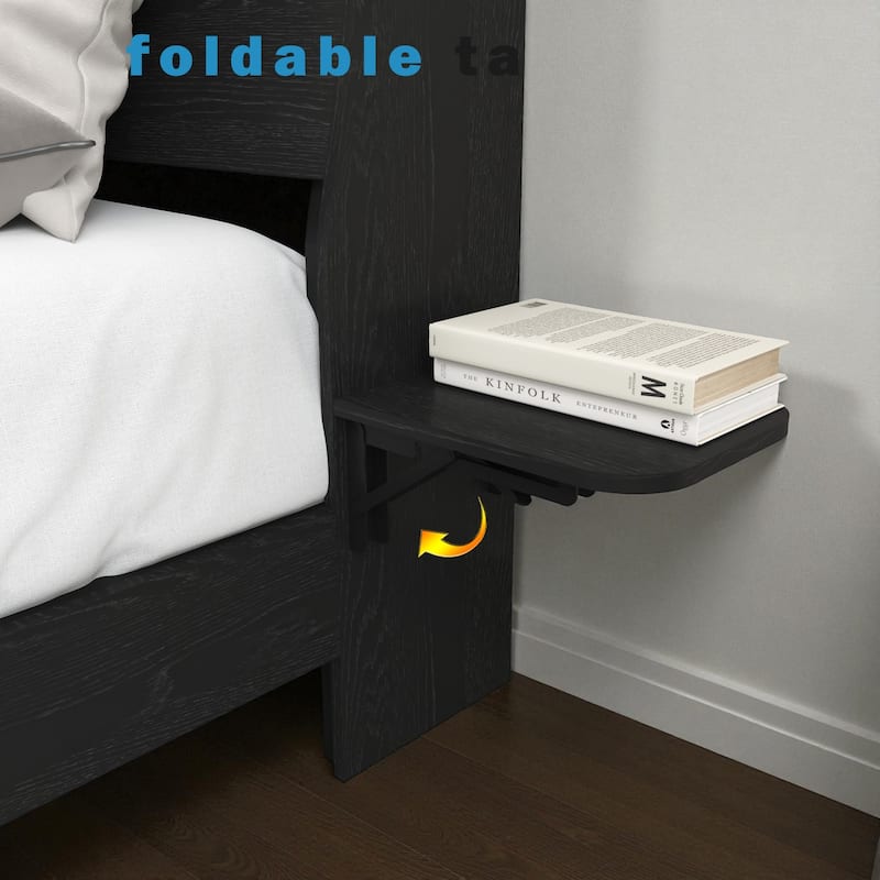 Queen Floating Bed Frame with LED Lights and Charging Station, Storage Headboard, No Box Spring Needed