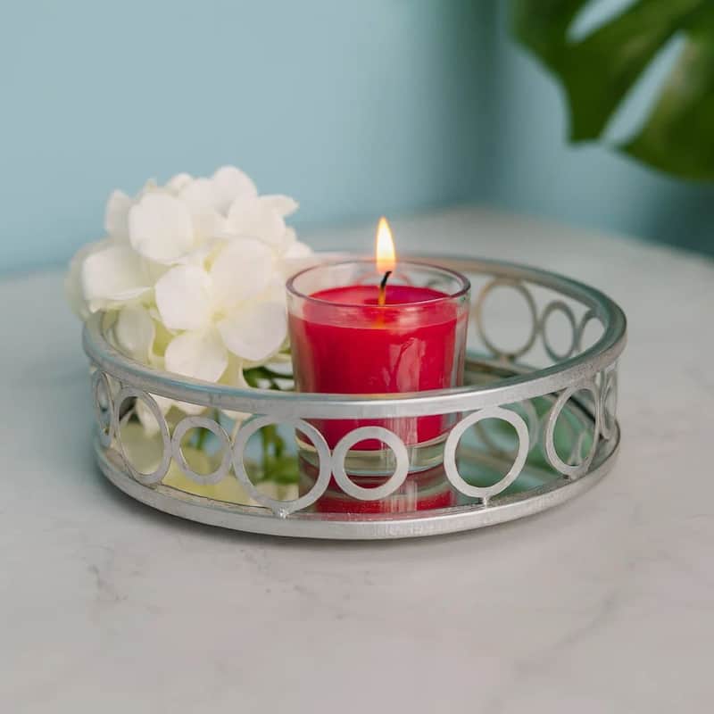 Round Metal Tray Set of 2 with Geometric Mirror Panel Inserts, Silver