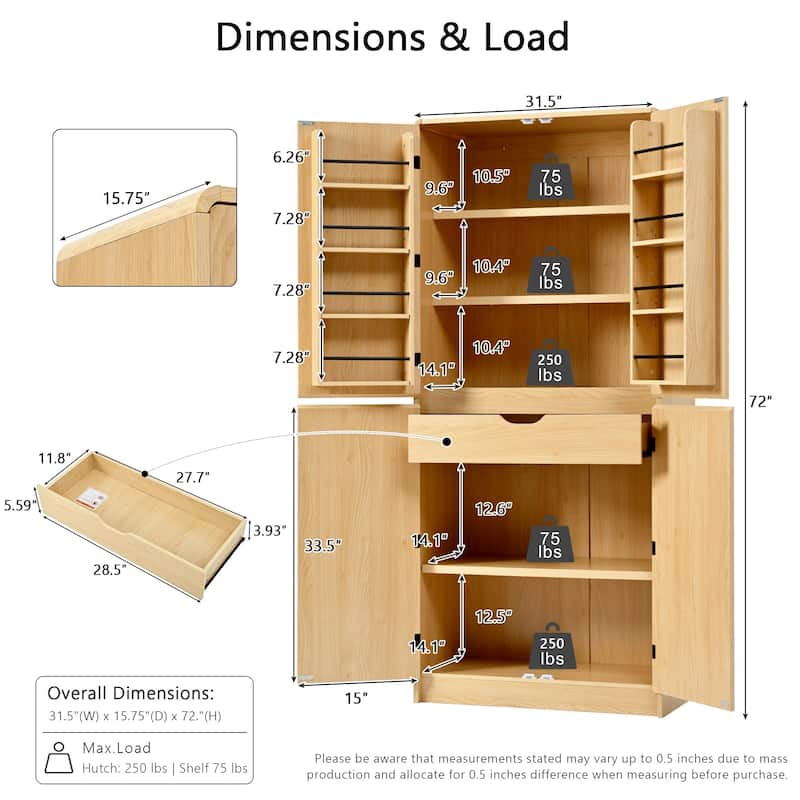 72" Tall Curved Pantry Cabinet with Adjustable Shelves, 8 Door Racks and Hidden Drawer, Farmhouse Storage Cupboard for Kitchen