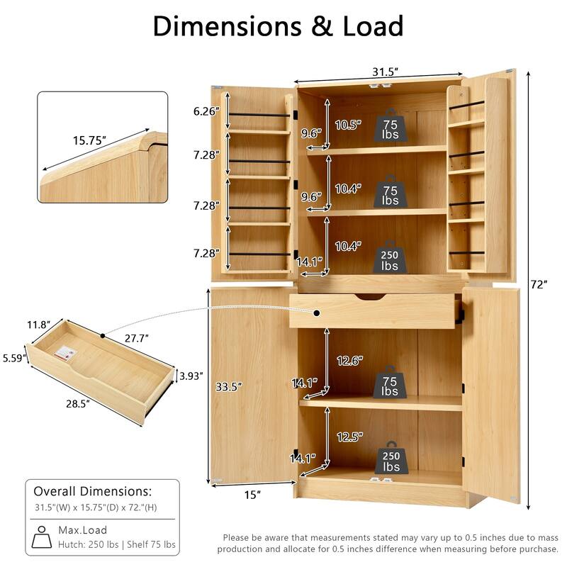 72" Tall Farmhouse Kitchen Pantry Cabinet with 8 Door Shelves, Curved Design Storage Cabinet with 3 Adjustable Shelves