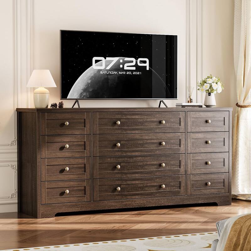 12 Drawer Dresser for Bedroom, Modern Wood Chest with Wide Top for 65" TV, Farmhouse Storage Cabinet