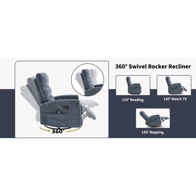 Roomfitters Manual Rocker Swivel Recliner Chair with Heat and Massage Fabric Glider Lounge Sofa for Living Room