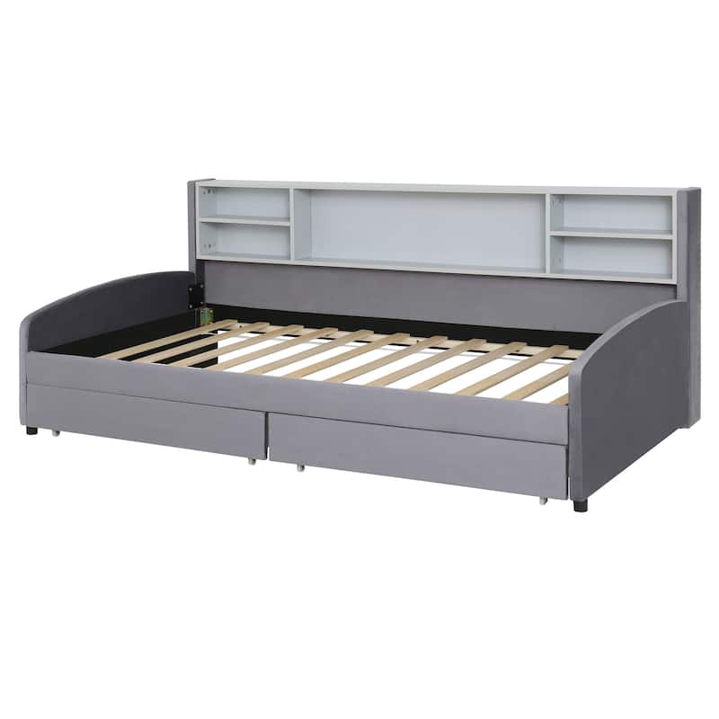 Twin Size Daybed Upholstered Platform Bed with Storage Shelf Headboard and 2 Drawers, Wood Daybed Frame with Curved Armrest