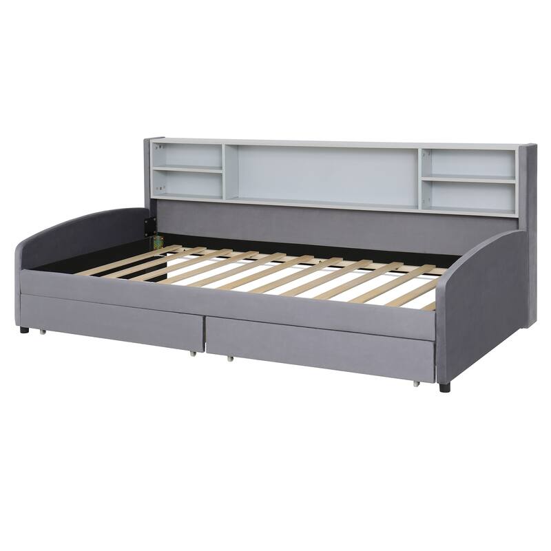 Twin Velvet Upholstered Bed Frame with Storage Drawers and Built-In Shelf, Platform Design with Plush Headboard
