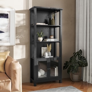 3 Tier Farmhouse Style Storage Cabinet Bookshelf with Glass Doors