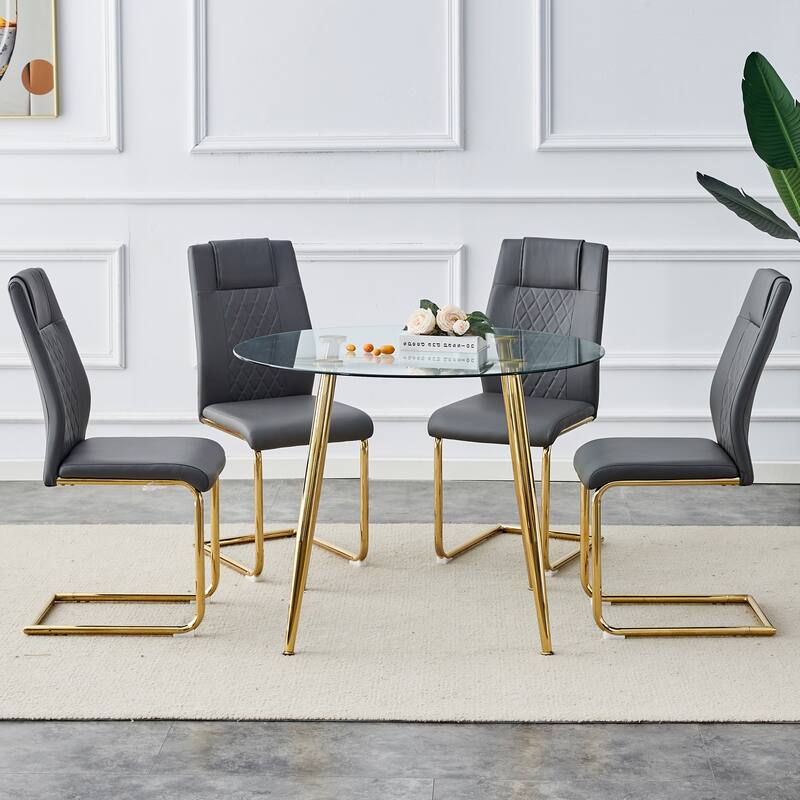 Modern 5-Piece Dining Set with Round Glass Top & 4 PU Upholstered Chairs