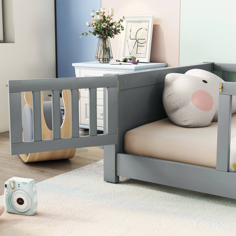 Grey Twin Size Pine Wood Floor Platform Bed with Storage Rack