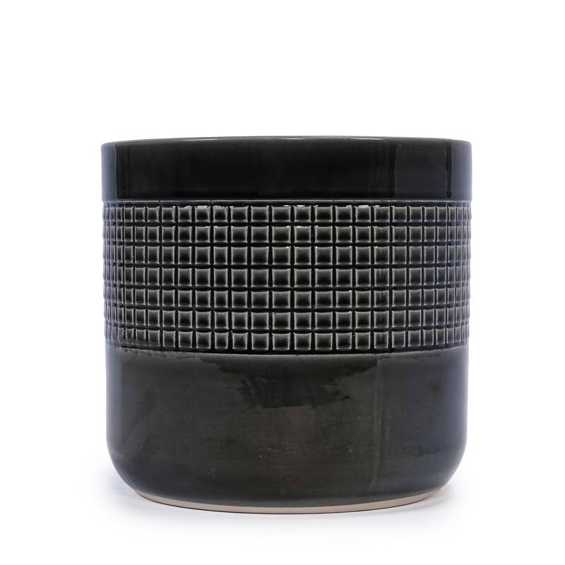 Anmytek Black Glazed Ceramic Planter Set of 3 Grid Pattern for Succulents