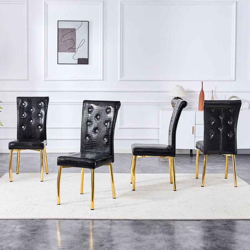 Set of 4, Retro alligator skin Upholstered dining chairs,with Crystal buckle design and Faux Leather design