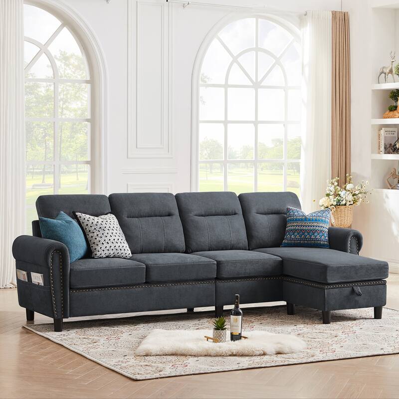 4 Seater L Shaped Reversible Sectional Sofa with Storage Ottoman - Dark Grey