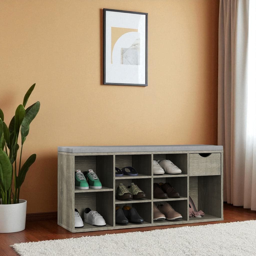 Storage Bench with Cushion, 10-Compartment Shoe Rack Bench with Drawer, Entryway Organizer Bench 40.9" Wide, 330 lb Capacity