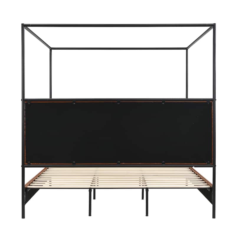 Canopy Bed Frame with Upholstered Headboard and Iron Legs, Low-Profile Platform Bed