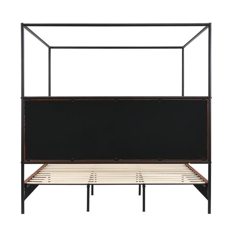 Modern Canopy Bed Frame with Upholstered Headboard Footboard, Platform Bed with Metal Frame, Wooden Slat Support, Noise-free