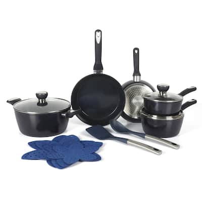 Oster Hawke 14 Piece Aluminum Premium PFA Free Ceramic Nonstick Blue Sapphire Pots and Pans Cookware Set W/ Induction Base