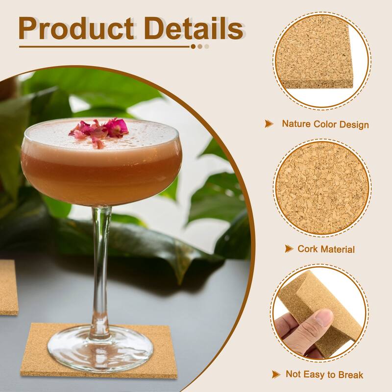 Cork Coaster for Drink, Square Cork Mats 3mm Thick
