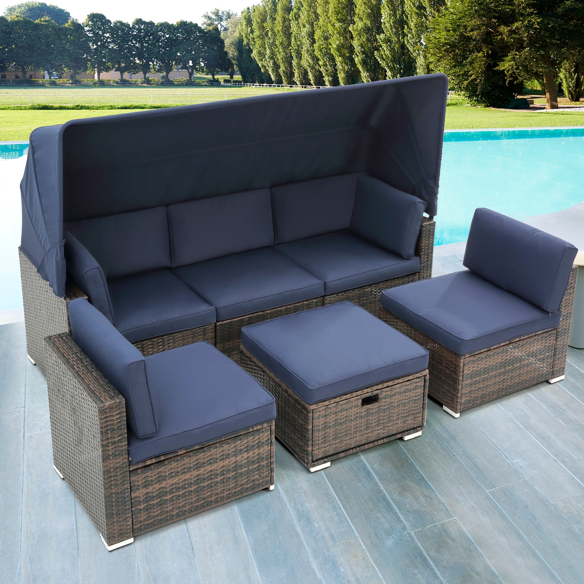 7Pcs Outdoor Daybed with Retractable Canopy Patio Furniture Set Wicker Sectional Sofa Set with Lift Top Table and 2 Pillows Bed Bath Beyond 37263698