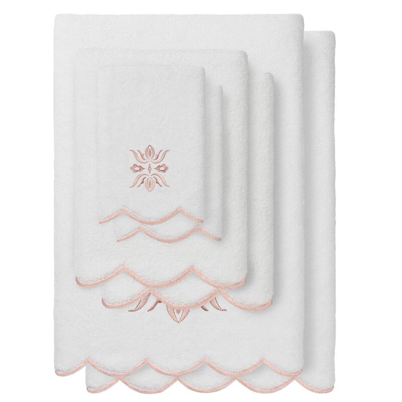 Authentic Hotel and Spa 100% Turkish Cotton FLOWER CREST Scallop Towel Collection - White/Pink - 6 Piece Set