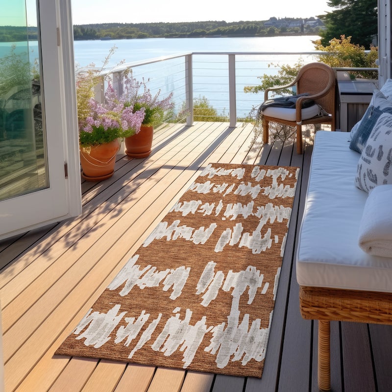 Machine Washable Indoor/ Outdoor Chantille Abstract Contemporary Rug - Paprika - 2'3" x 7'6"