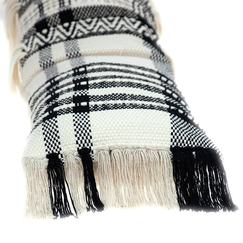 HomeRoots 12" X 35" Black and White Plaid Cotton Lumbar Throw Pillow With Fringe