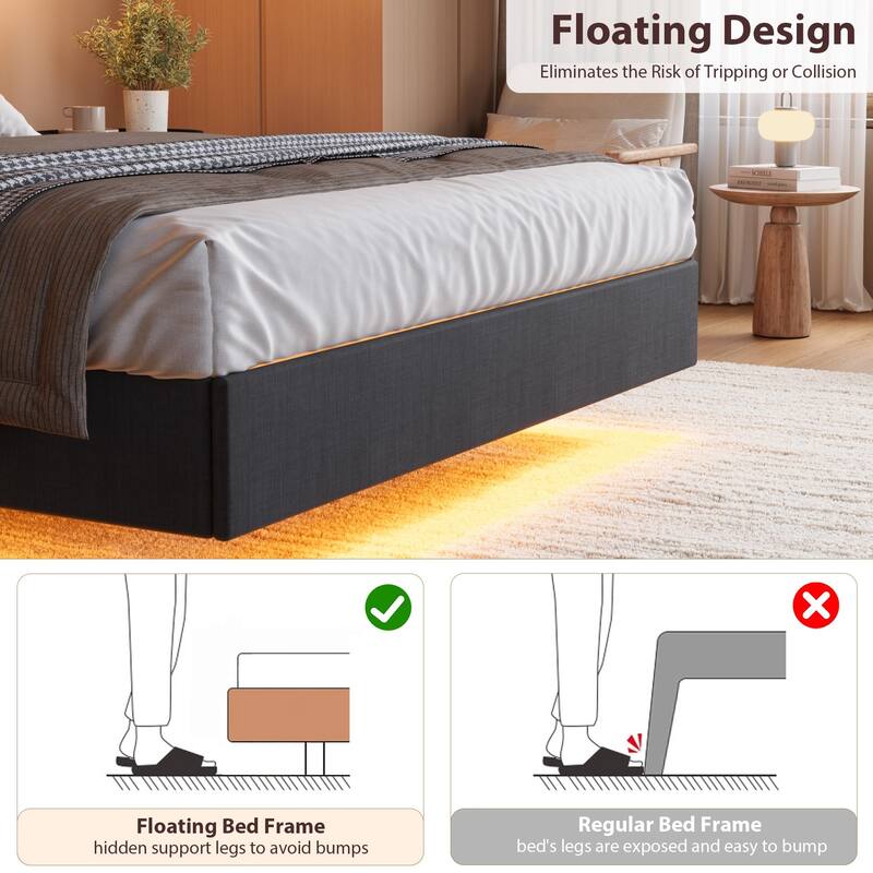 Full/Queen/King Floating Bed Frame with LED Lights & Charging Station, Upholstered Platform Bed with Storage Headboard