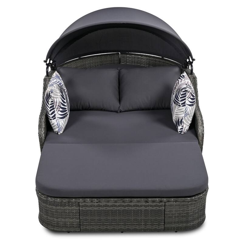 Outdoor Sunbed with Adjustable Canopy - Rattan Double Lounge Daybed 4 Pillows, and Cushions for Patio, Deck, or Garden