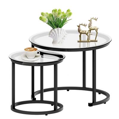 Nesting Coffee Glass Table Set of 2, Metal Freme Side End Tables Modern Industrial Simple, 23.6D x 23.6W x 17.7H in