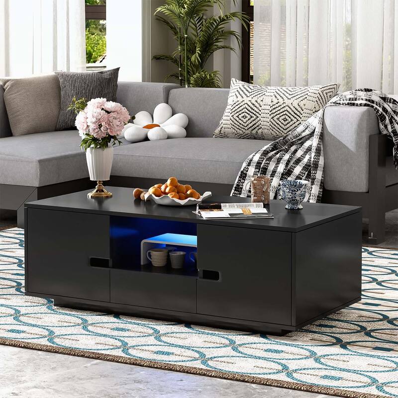 Functional Modern Rectangle Coffee Table with Storage and LED Lights,Ideal for Enhancing Living Room