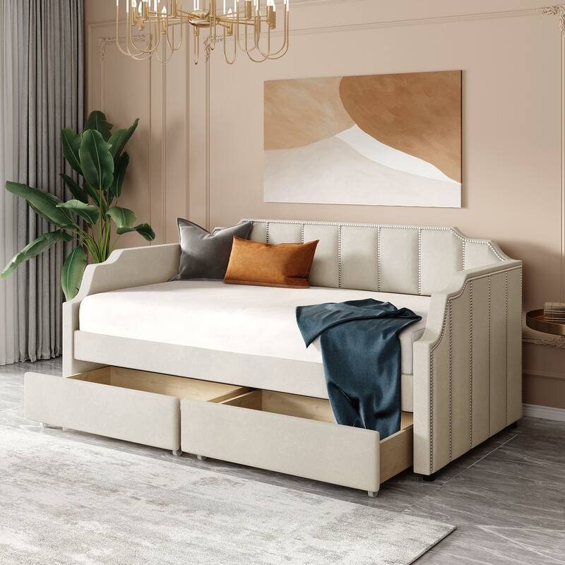 Twin Size Upholstered daybed with Drawers, Wood Slat Support, Gray