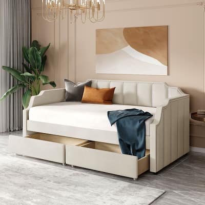 Twin Velvet Daybed with Drawers & Elegant Armrests