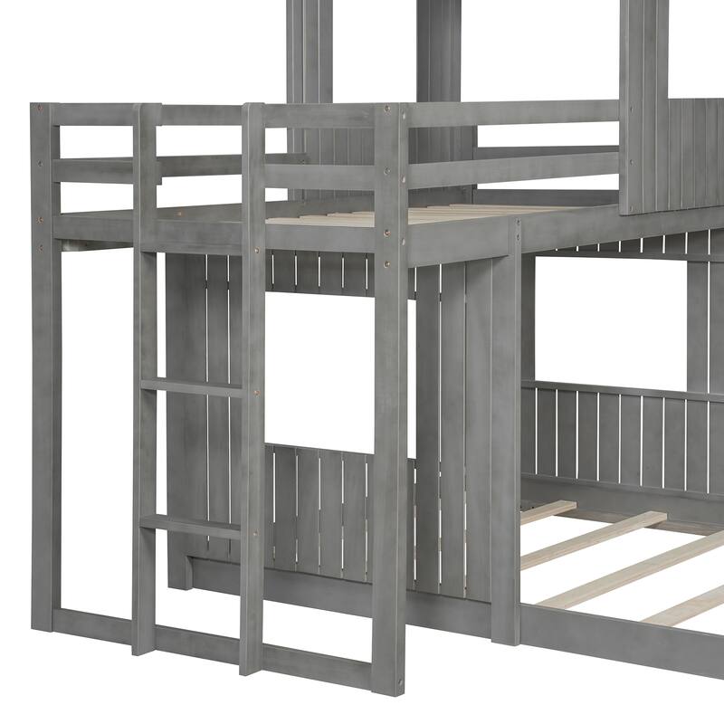 Play House Loft Bed with Floor Bed, Wooden Twin Over Full Bunk Bed with Roof, Windows, Ladder and Safety Guardrails