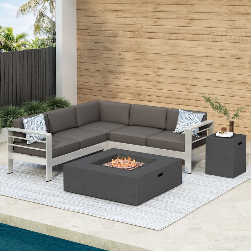 Cape Coral Outdoor 5-piece Sofa Set with Fire Pit by Christopher Knight Home - Dark Grey Fire Pit