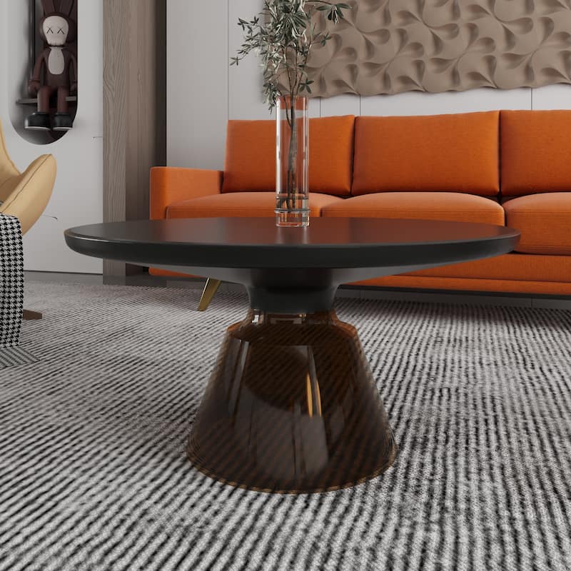 30-Inch Round Coffee Table Glass/Stone Tabletop with Black Iron Rim Frame Glass Pedestal Base