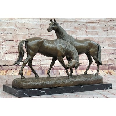 Necking Imitative Horses Equestrian Imitative Horse Lover Bronze Sculpture Statue Art Figure Marble Base
