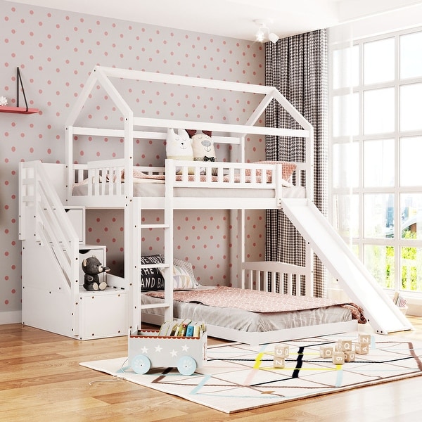 Twin Over Twin Bunk Bed with 2 Drawer Slide House Bed with Slide