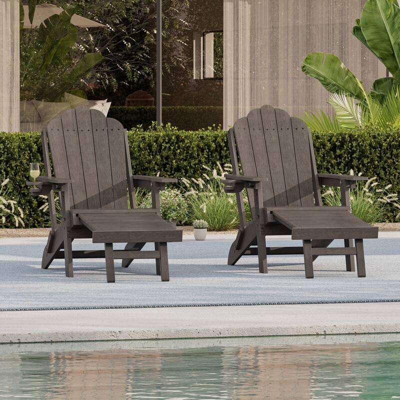 3-Position Adjustable Folding Adirondack Chair W/ Ottoman for Outdoor - 2-Piece - Brown