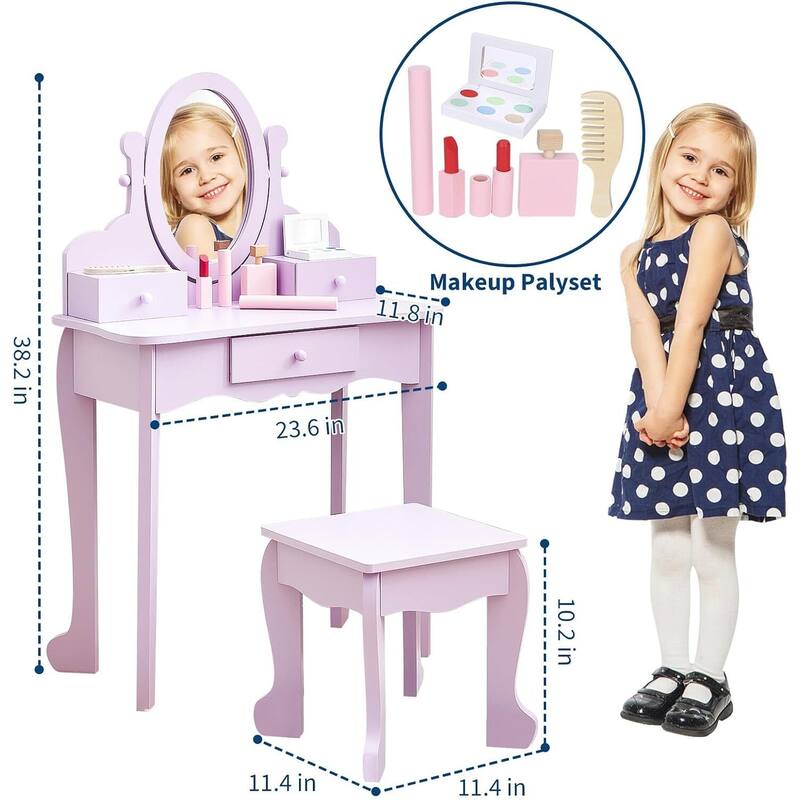 Girls Makeup Vanity Table Set with Stool, Dressup Playset